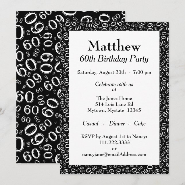 Invitación 60.ª fiesta de cumpleaños Patrón de números blanco (Anverso / Reverso)