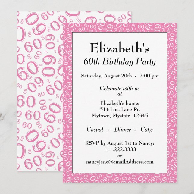 Invitación 60.ª fiesta de cumpleaños Patrón de números rosa/b (Anverso / Reverso)