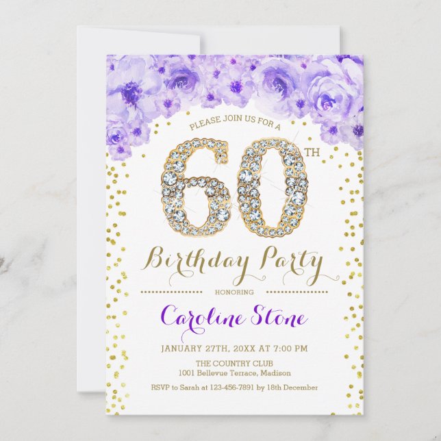 Invitación 60.ª fiesta de cumpleaños - Púrpura de oro blanco (Anverso)