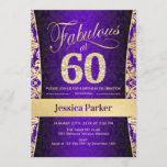 Invitación 60.ª fiesta de cumpleaños - Púrpura dorada<br><div class="desc">60.ª invitación a la fiesta de cumpleaños en morado y oro. Elegante carta de invitación con oro falso purpurina y diamantes. Presenta el patrón de damasco y el tipo de letra del guión. ¡Fabuloso a los sesenta! El diseño clásico es perfecto para un fiesta elegante. Por favor, envíame un mensaje...</div>