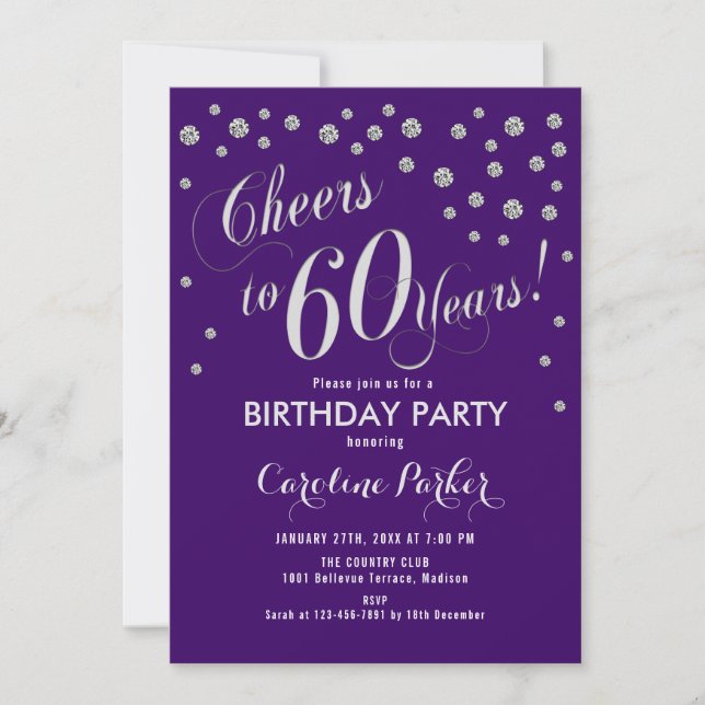 Invitación 60.ª fiesta de cumpleaños - Púrpura plateado (Anverso)