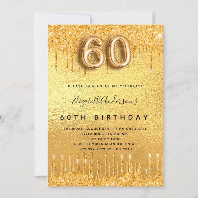 Invitación 60.ª fiesta de cumpleaños purpurina de oro gotea (Anverso)