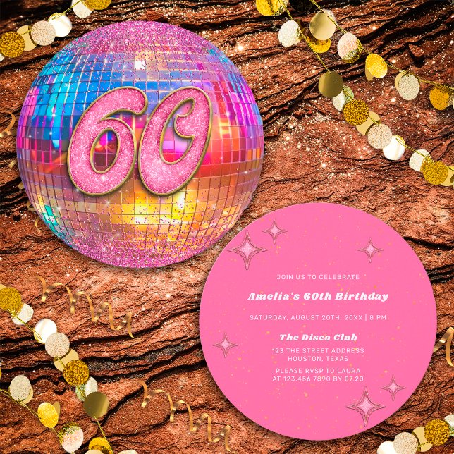 Invitación 60.ª fiesta de cumpleaños Purpurina rosado dorado  (Front/Back)