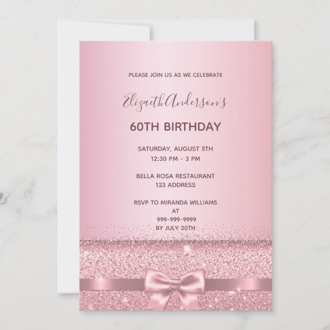 Invitación 60.ª fiesta de cumpleaños rosa brillo de oro (Anverso)