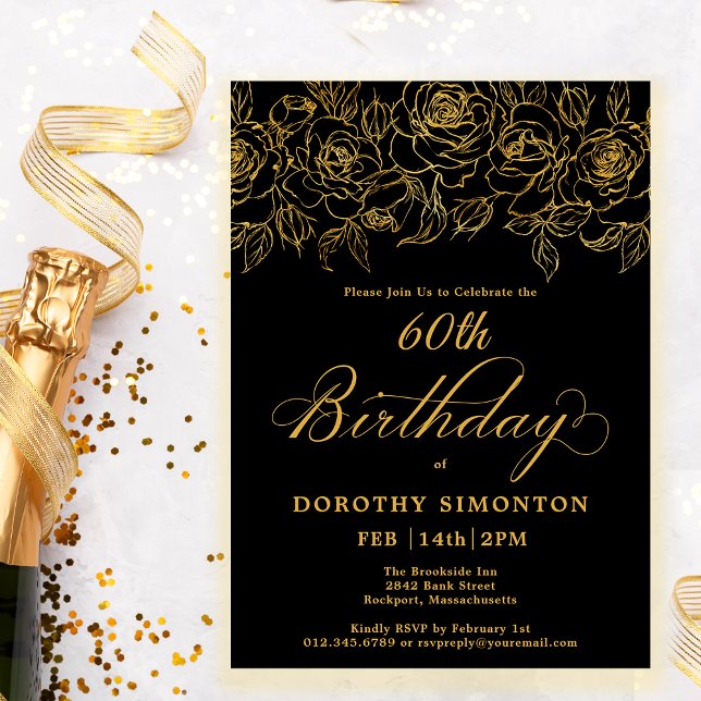Invitación 60.ª fiesta de cumpleaños Rosa de oro Floral Black (Subido por el creador)