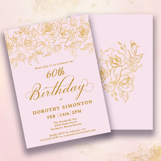 Invitación 60.ª fiesta de cumpleaños Rosa de oro Floral Rubor (Subido por el creador)
