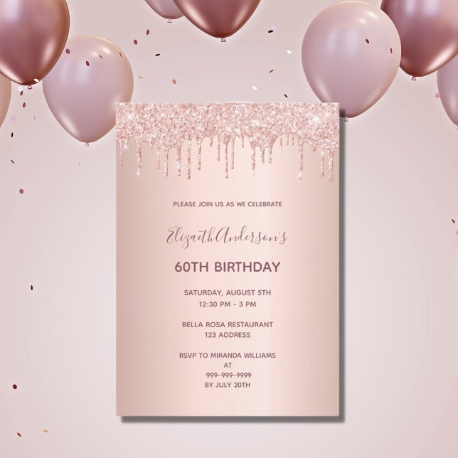 Invitación 60.ª fiesta de cumpleaños rosa oro purpurina goteo (Subido por el creador)