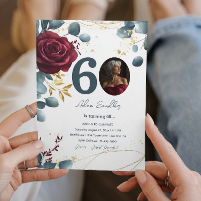 Invitación 60.ª fiesta de cumpleaños, rosas rojas y azul (Subido por el creador)