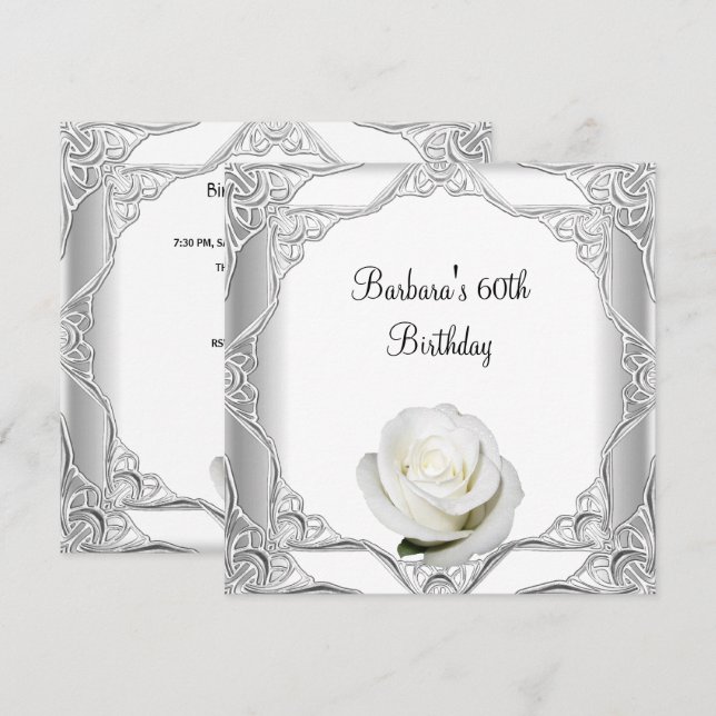 Invitación 60.ª fiesta de cumpleaños Silver Lace White Rose 2 (Anverso / Reverso)
