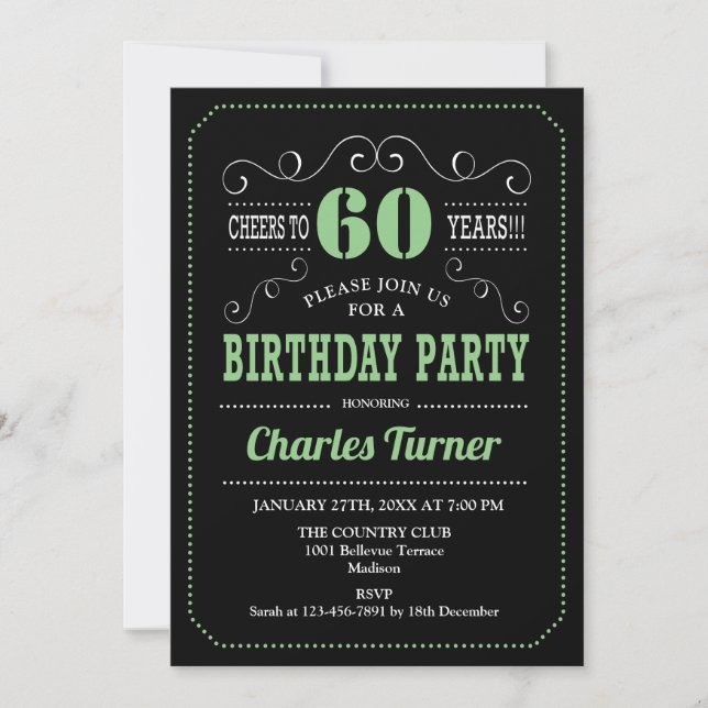 Invitación 60.ª fiesta de cumpleaños - Verde negro (Anverso)
