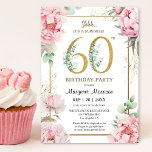 Invitación 60.ª Fiesta de Nacimiento Pink Peony Elegant Flora<br><div class="desc">Celebra el hito de 60 años con estilo con nuestra elegante "60th Birthday Party Pink Peony Elegant Floral Invitación!" Perfecto para una fiesta de cumpleaños número 60. ¡Pida hoy y haz que tu celebración sea realmente especial! Por favor, tenga en cuenta que los efectos de purpurina de oro sólo se...</div>
