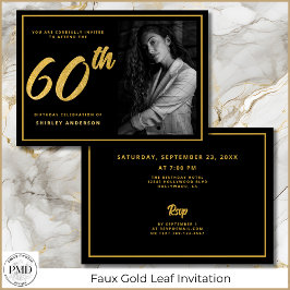 Invitación 60.ª foto de cumpleaños Black Faux Gold Leaf Elega