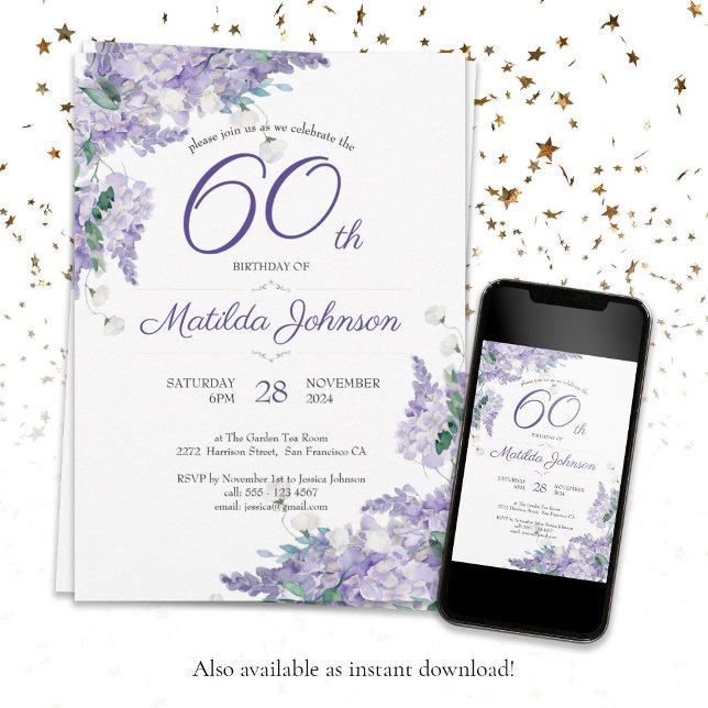 Invitación 60.ª histeria floral púrpura (60th Birthday Purple Watercolor Floral Wisteria Invitation)