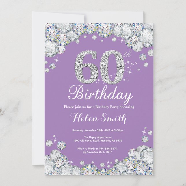 Invitación 60.ª Lavanda de cumpleaños y diamante plateado (Anverso)