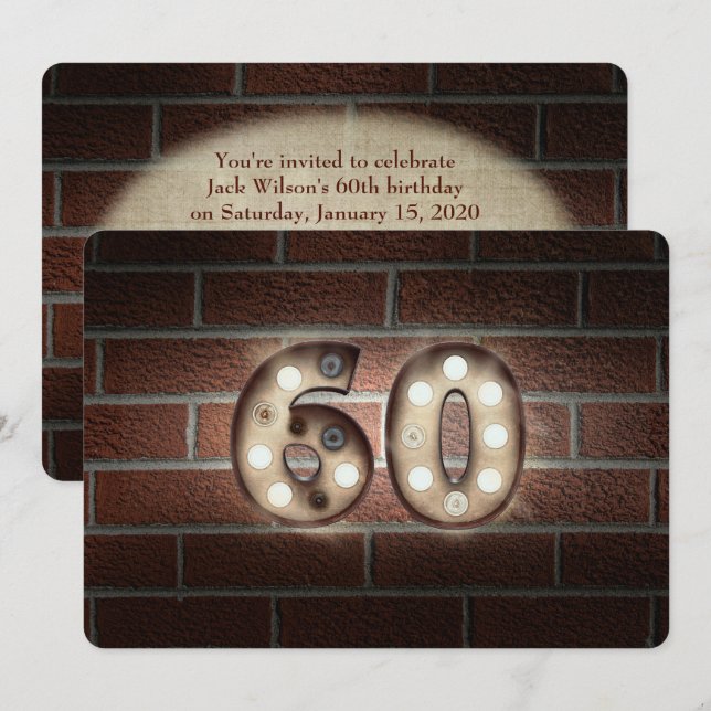 Invitación 60.ª luz de marquesina de cumpleaños en ladrillo (Anverso / Reverso)