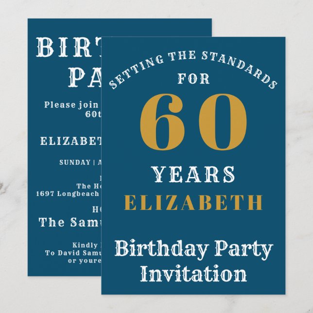 Invitación 60.ª Norma de Cumpleaños Blue Gold Añade tu nombre (Anverso / Reverso)
