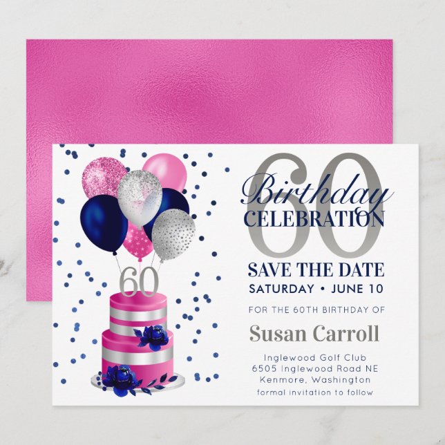 Invitación 60.ª Pastel Rosa de Cumpleaños Guardar La Invitaci (Anverso / Reverso)
