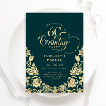 Invitación 60.ª Rosas de oro verde esmeralda<br><div class="desc">Elegante invitación a la fiesta de cumpleaños número 60 del oro verde esmeralda. Diseño elegante con rosas, Relieve metalizado de oro falso y tipo de letra de guión de tipografía. La carta de invitación a la moda es perfecta para una elegante celebración de cumpleaños femenina. Personaliza con tus propios detalles....</div>