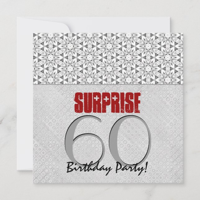 Invitación 60.ª Sorpresa Cumpleaños Plata Gris Rojo V10A (Anverso)