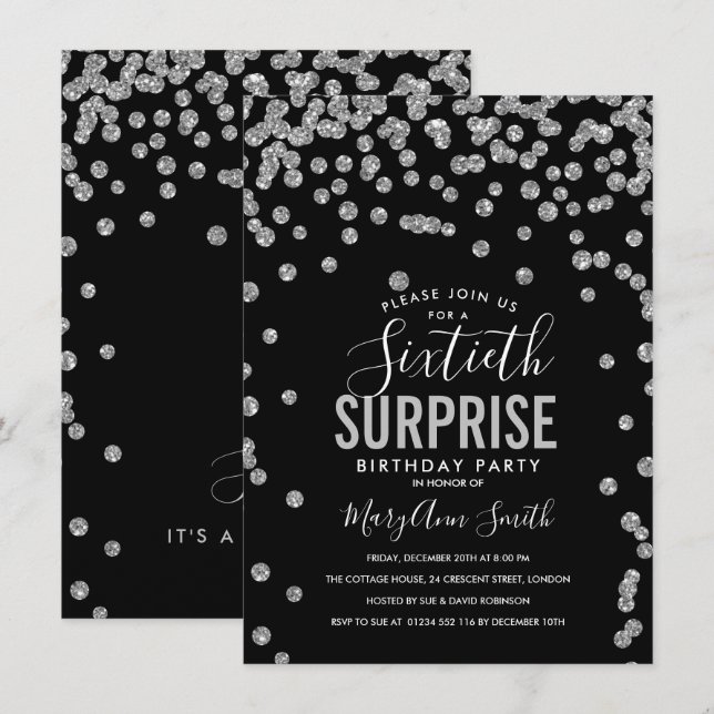 Invitación 60.ª sorpresa Cumpleaños Plata Negro (Anverso / Reverso)