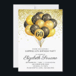 Invitación 60.ª Sorpresa Cumpleaños Purpurina de Oro Negro<br><div class="desc">Globos de oro y negro e invitamos a la fiesta de cumpleaños número 60. Diseño audaz de estilo negro y dorado con tipo de letra de escritura moderna. Personalizar de cualquier edad. 40,  50,  60,  70,  80,  90 y más.</div>