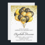 Invitación 60.ª Sorpresa Cumpleaños Purpurina de Oro Negro<br><div class="desc">Globos de oro y negro e invitamos a la fiesta de cumpleaños número 60. Diseño audaz de estilo negro y dorado con tipo de letra de escritura moderna. Personalizar de cualquier edad. 40,  50,  60,  70,  80,  90 y más.</div>