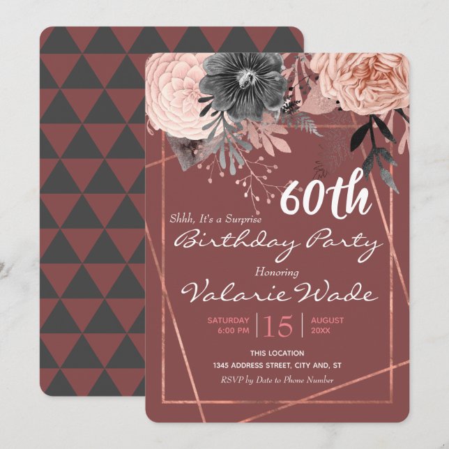 Invitación 60.ª sorpresa Rosas Rosadas de la fiesta de cumple (Anverso / Reverso)