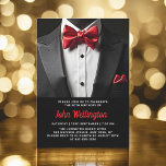 Invitación 60.º Acontecimiento de Cumpleaños Negro y Rojo<br><div class="desc">Celebra con estilo esta invitación al evento de cumpleaños Black y Red Tuxedo, exuberante elegancia y sofisticación. El elegante fondo negro y los acentos marcan la tónica de una aventura de lujo, perfecta para una celebración de un hito. Con su refinado diseño inspirado en el esmoquin, esta invitación capta la...</div>