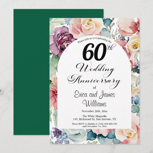 Invitación 60.º Aniversario Boda Elegante Script Floral (Anverso / Reverso)