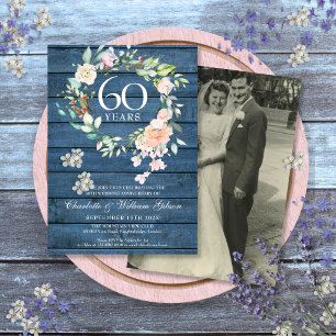 Invitación 60.º aniversario de bodas 75.º Foto Floral Rústico