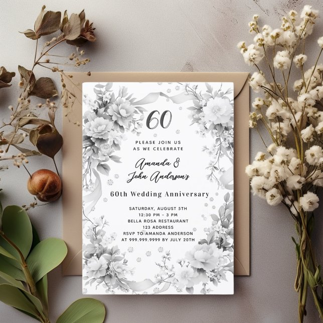 Invitación 60.º aniversario de bodas florales de plata de dia (Subido por el creador)
