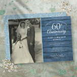 Invitación 60.º Aniversario del Boda de Diamantes Foto Rústic<br><div class="desc">Personalice con su foto boda favorita y sus detalles especiales de la celebración del 60 aniversario de los bodas de diamantes en la tipografía de moda sobre un fondo azul rústico de paneles de madera. El reverso es un confeti de amor. Diseñado por Thisisnotme©</div>