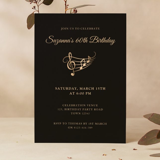 Invitación 60.º Birthday Gold Music Notes Elegant (Subido por el creador)