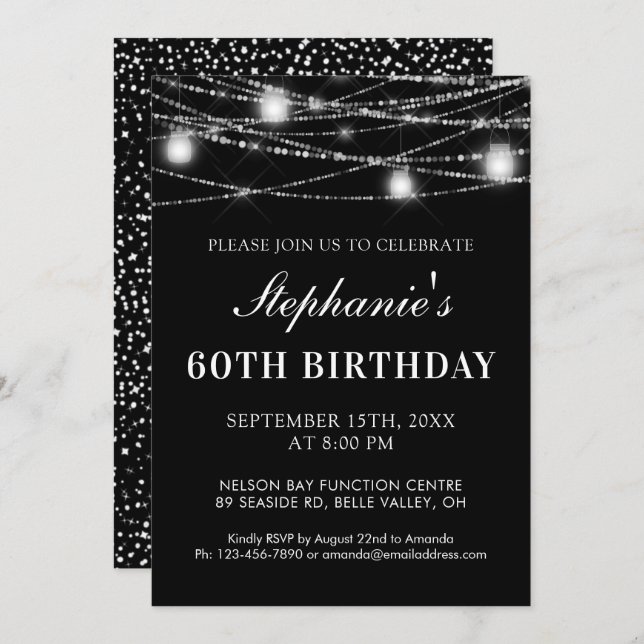 Invitación 60.º Birthday String Lights Jars Black White (Anverso / Reverso)