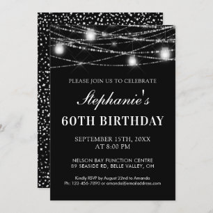 Invitación 60.º Birthday String Lights Jars Black White
