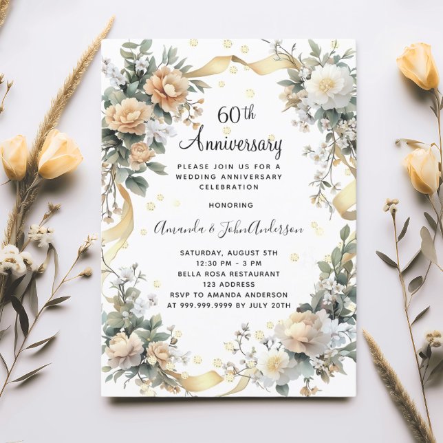 Invitación 60.º boda aniversario diamantes de flores amarilla (Subido por el creador)