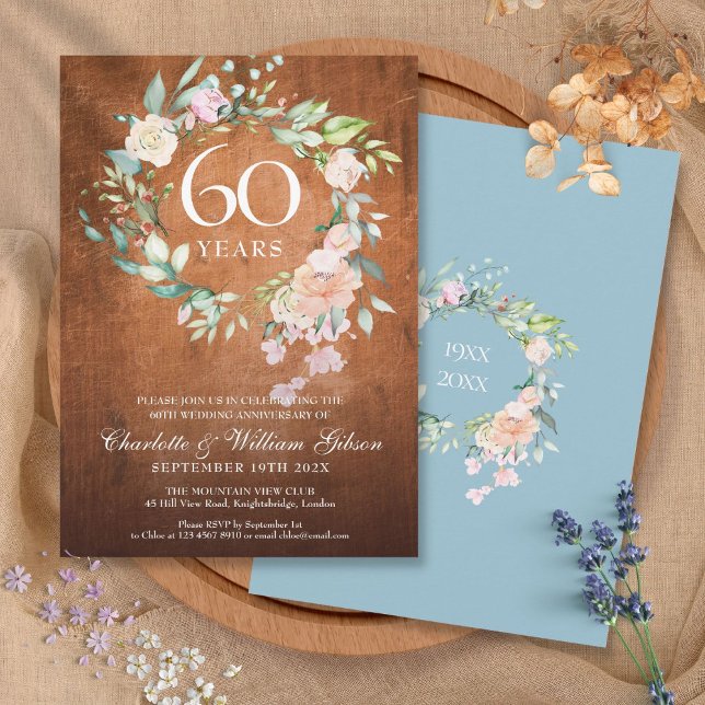 Invitación 60.º Boda Aniversario Rosas de Madera Rusa Garland (60th Wedding Anniversary Rustic Wood Roses Garland Invitation)