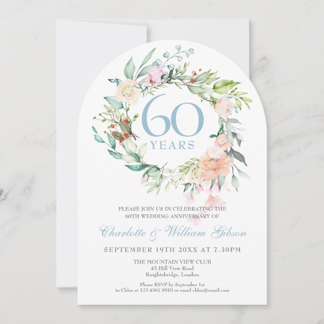 Invitación 60.º Boda de Diamantes Rosas Arco Floral (Anverso)