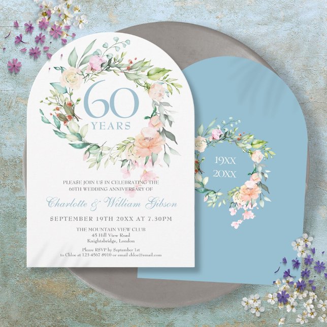 Invitación 60.º Boda de Diamantes Rosas Arco Floral (60th Diamond Wedding Anniversary Roses Floral Arch Invitation)