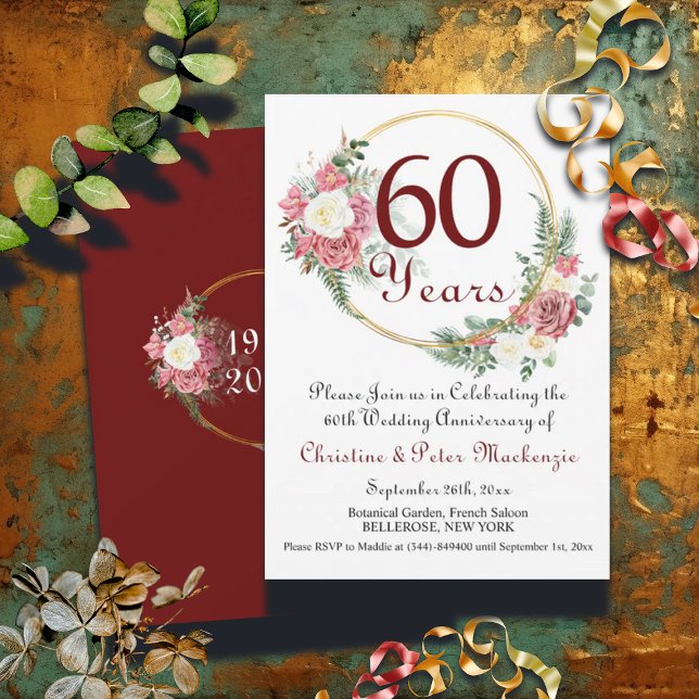 Invitación 60.º Boda de diamantes Rosas marco de oro (Subido por el creador)