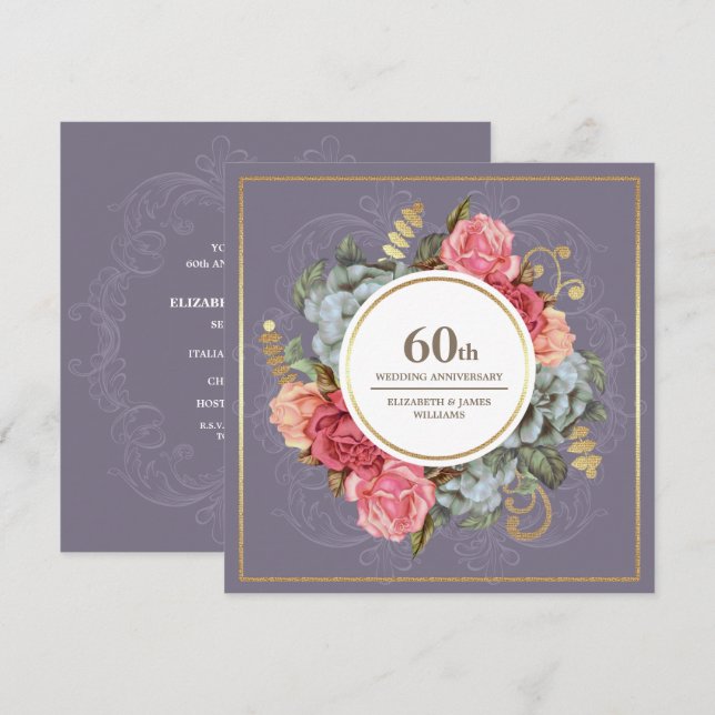 Invitación 60.º Boda Fiesta Vintage Floral (Anverso / Reverso)