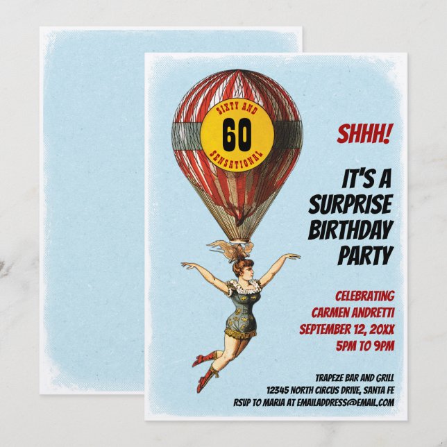 Invitación 60.º Chica de Circus Balloon (Anverso / Reverso)