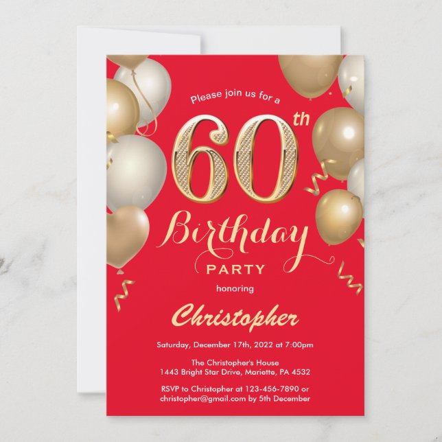 Invitación 60.º Confetti de Globos Rojos y Oro (Anverso)