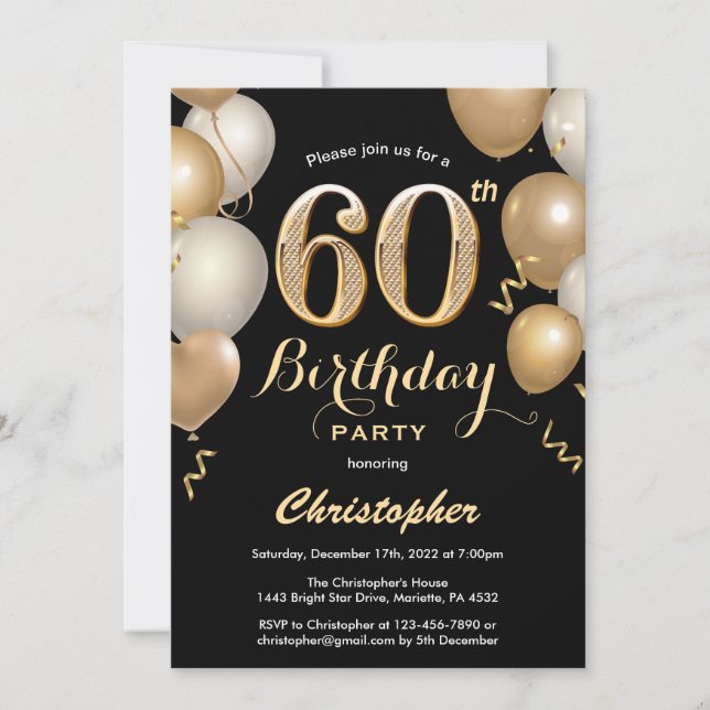 Invitación 60.º Confetti de los Globos de Oro y Negro (Anverso)