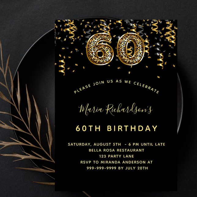 Invitación 60.º confetti de patrón de leopardo de oro negro (Subido por el creador)