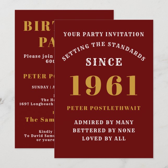 Invitación 60.º Cumpleaños 1961 Oro Rojo Personalizado Para É (Anverso / Reverso)