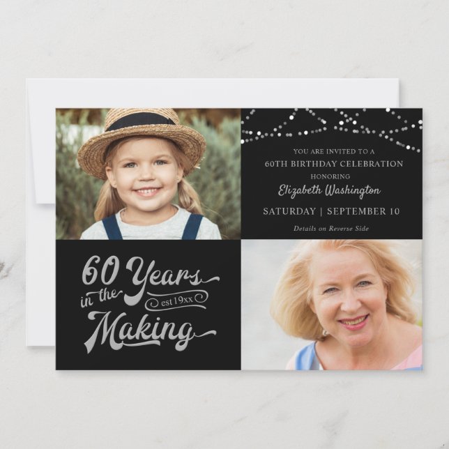 Invitación 60.º cumpleaños 2 fotos Luces de cuerdas plateadas (Anverso)