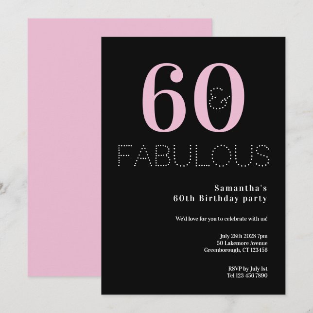 Invitación 60.º cumpleaños 60 y fabuloso Fiesta rosado negro (Anverso / Reverso)