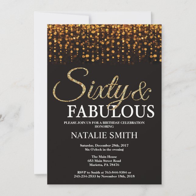 Invitación 60.º cumpleaños 60 y fabuloso Purpurina de oro (Anverso)