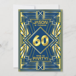Invitación 60.º cumpleaños Art Deco Oro Azul Gran Gatsby